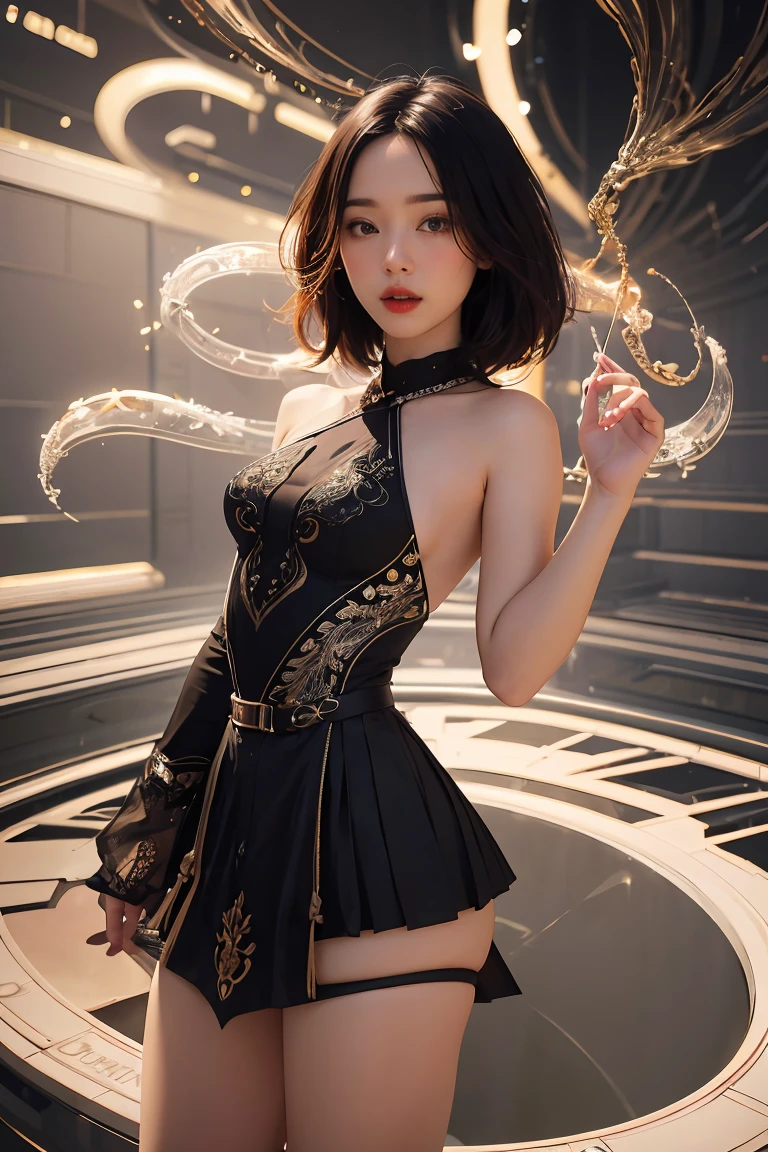 ((masterpiece, best quality)), ultra detailed 8k, photorealistic, sharp focus, highly detailed, professional lighting , shadowmancer, photo of a woman, ink particle, ((swirling black ink floating around)), futuristic fantasy, futuristic black dress, dynamic pose, realistic, masterpiece, intricate details, detailed background, depth of field, 