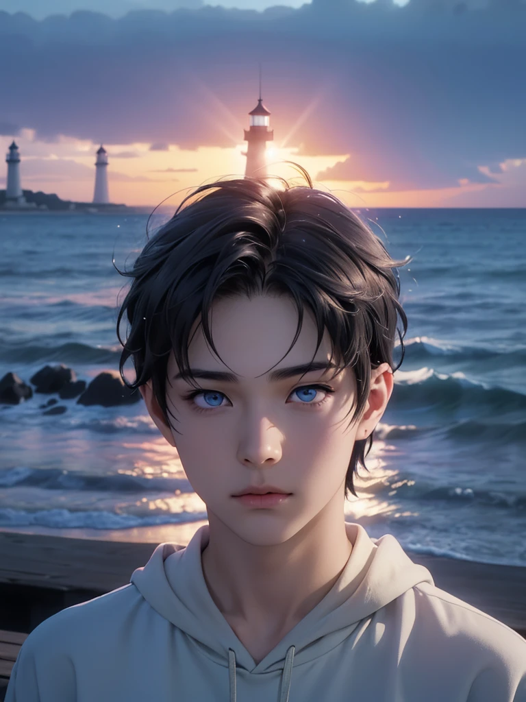 photorealistic, masterpiece, 8K, HD, portrait, closing up on face, intricate details, soft lighting, absurdres, realistic anime style, a handsome japanese boy, student, 15 years old, cute, gentle, wistful gaze, melancholic, timid, detailed face, ocean blue eyes, dark eyes, balanced eyes, detailed eyes, looking at the sky, looking up, wearing hoodie and shirt, casual wear, fair skin, pale skin, slim, black hair, smooth hair, wavy hair, outdoors, dock, sea, lighthouse, dawn, stars, constellation, cosmical, dreamy world, surrealism, ethereal