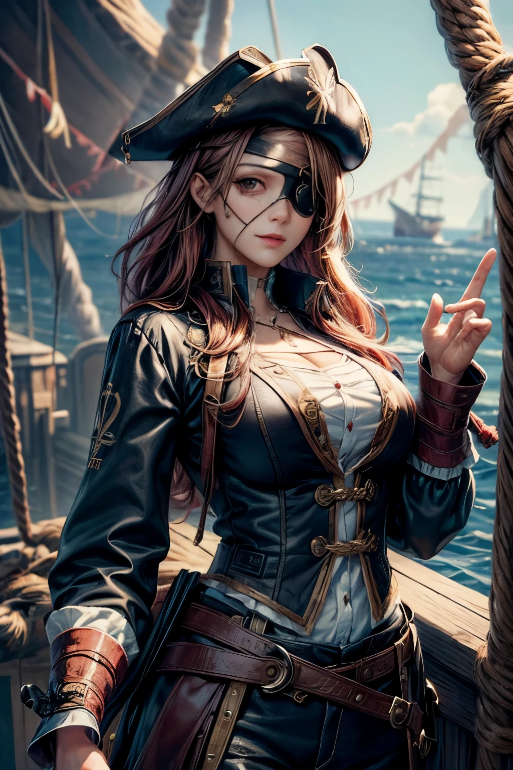 (Ultra-detailed, oil painting style, masterpiece: 1.4), Standing female pirate captain with (eye patch:1.4),
(High resolution: 1.4), (Masterpiece: 1.4), (Vibrant color palette: 1.2), (Photorealistic, dynamic angle: 1.2),
Pirate captain hat, intricately designed, wooden pistol by her side,
(Detailed face, detailed eyes, detailed skin), pirate scar under the eye, smiling with confidence,
(Best quality, 8k), wooden plank background with ropes and nautical symbols,
(Ultra-detailed surroundings, breasts, giga_busty, full clothee, (button gap:-1), long sleeves shirts