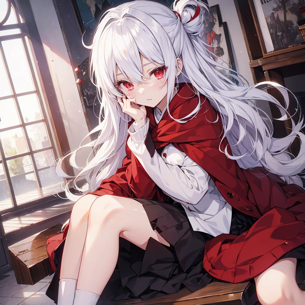 Anime shoujo，white hair，red eyes，Uniformarefoot