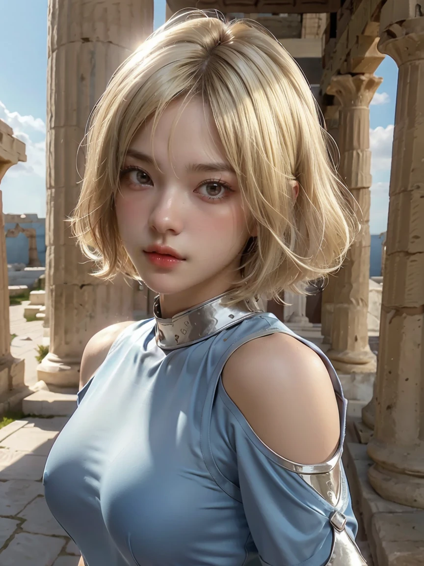 masterpiece, best quality, ultra high res, realistic skin texture, armature, (photorealistic:1.4), high resolution, raw photo, shiny skin, (detail skin:1.2), realistic skin texture, best lighting, (perfect breast:1.3), sparkle, dramatic lighting, dynamic pose, (greek temple background:1.3), night sky, cosmos, milky way, 1girl, (short blonde hair:1.5), cygnus_hyoga, (blue shirt:1.2), (helmet:1.2), silver plate armor, shoulder armor