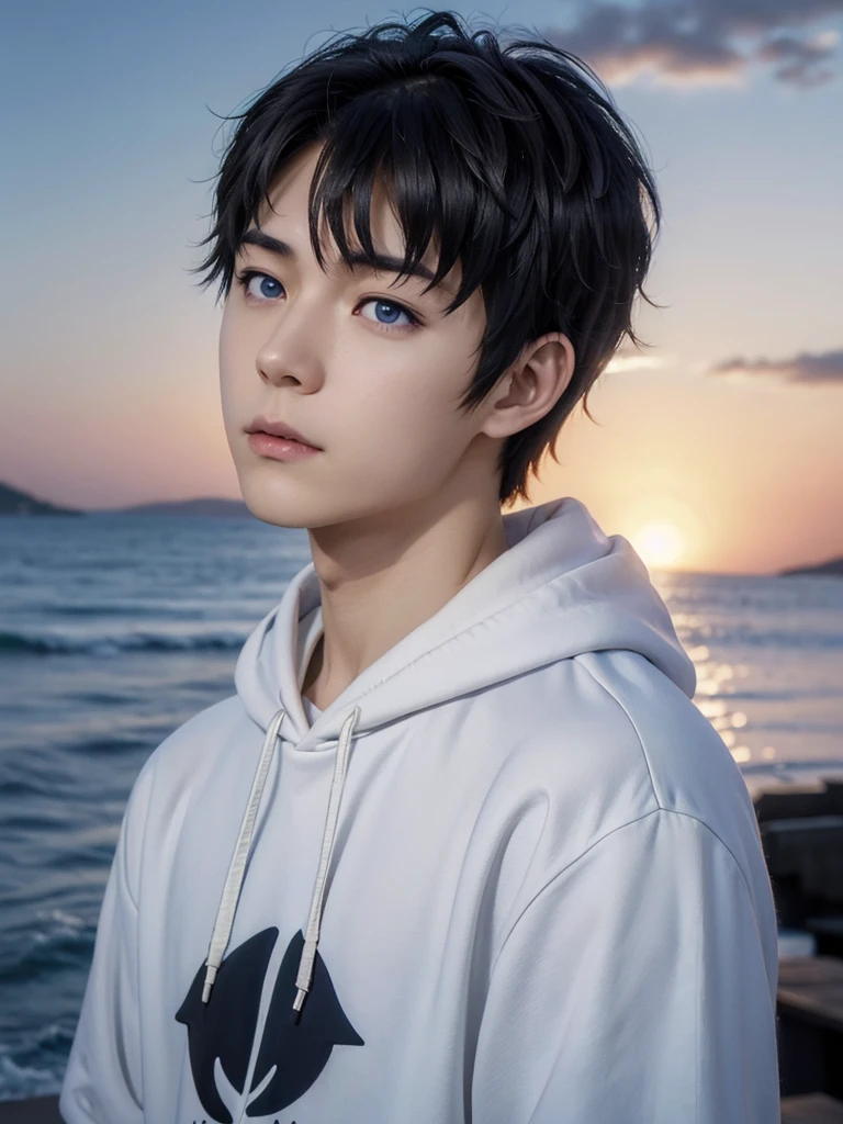 photorealistic, masterpiece, 8K, HD, portrait, closing up on face, intricate details, soft lighting, absurdres, realistic anime style, yuzuru hanyu, a handsome japanese boy, student, 15 years old, cute, gentle, wistful gaze, melancholic, timid, detailed face, ocean blue eyes, dark eyes, balanced eyes, detailed eyes, looking up, looking at the sky, wearing hoodie and shirt, casual wear, fair skin, pale skin, slim, black hair, smooth hair, wavy hair, outdoors, dock, sea, waves, dawn, stars, constellation, cosmical, dreamy world, surrealism, ethereal