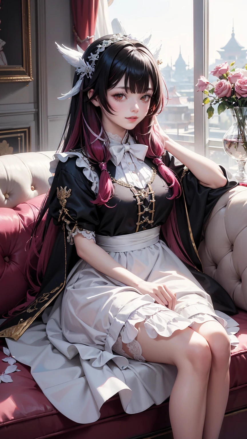 Columbina_(genshin impact), white roses, ornament hair, roses on her hair, maid, maid dress, maid headdress, maid apron, black hair, pink hair, long hair, seat on a sofa, minimalist home style, Chinese maid dress, white dress, more details on her clothes, pink details, night, smiling, coat,