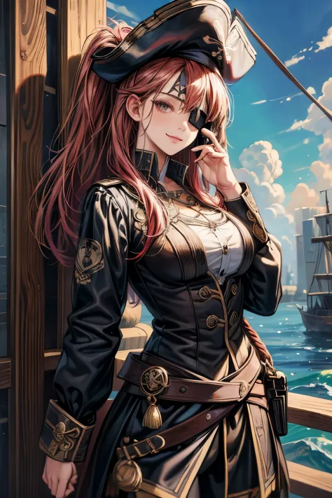 (Ultra-detailed, oil painting style, masterpiece: 1.4), Standing female pirate captain with (eye patch:1.4),
(High resolution: 1...