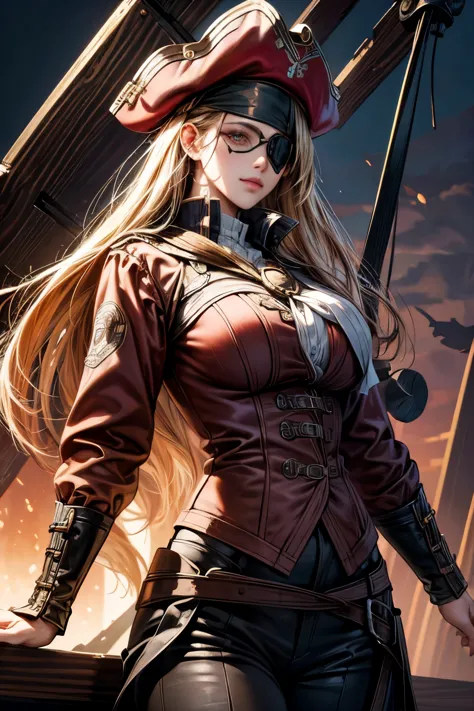 (ultra-detailed, oil painting style, masterpiece: 1.4), standing female pirate captain with (eye patch:1.4),
(high resolution: 1...