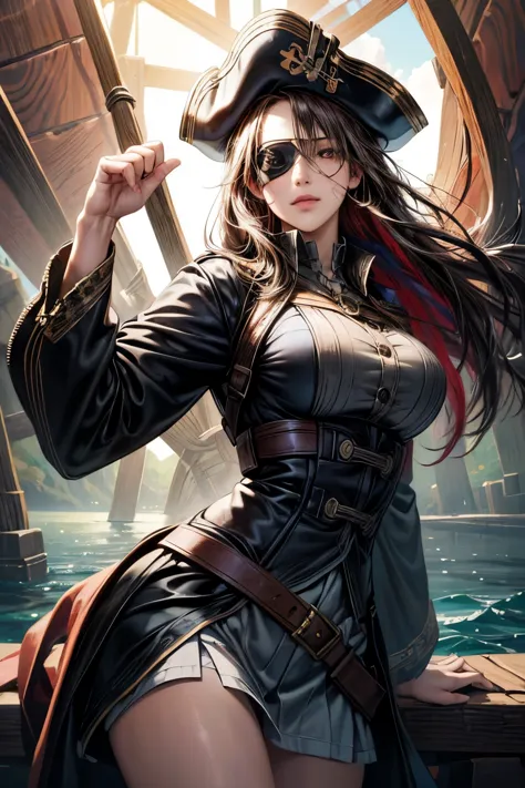 (Ultra-detailed, oil painting style, masterpiece: 1.4), Standing female pirate captain with (eye patch:1.4),
(High resolution: 1...