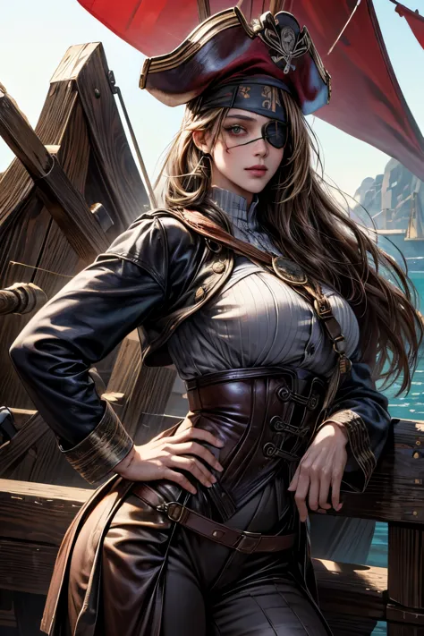 (Ultra-detailed, oil painting style, masterpiece: 1.4), Standing female pirate captain with (eye patch:1.4),
(High resolution: 1...
