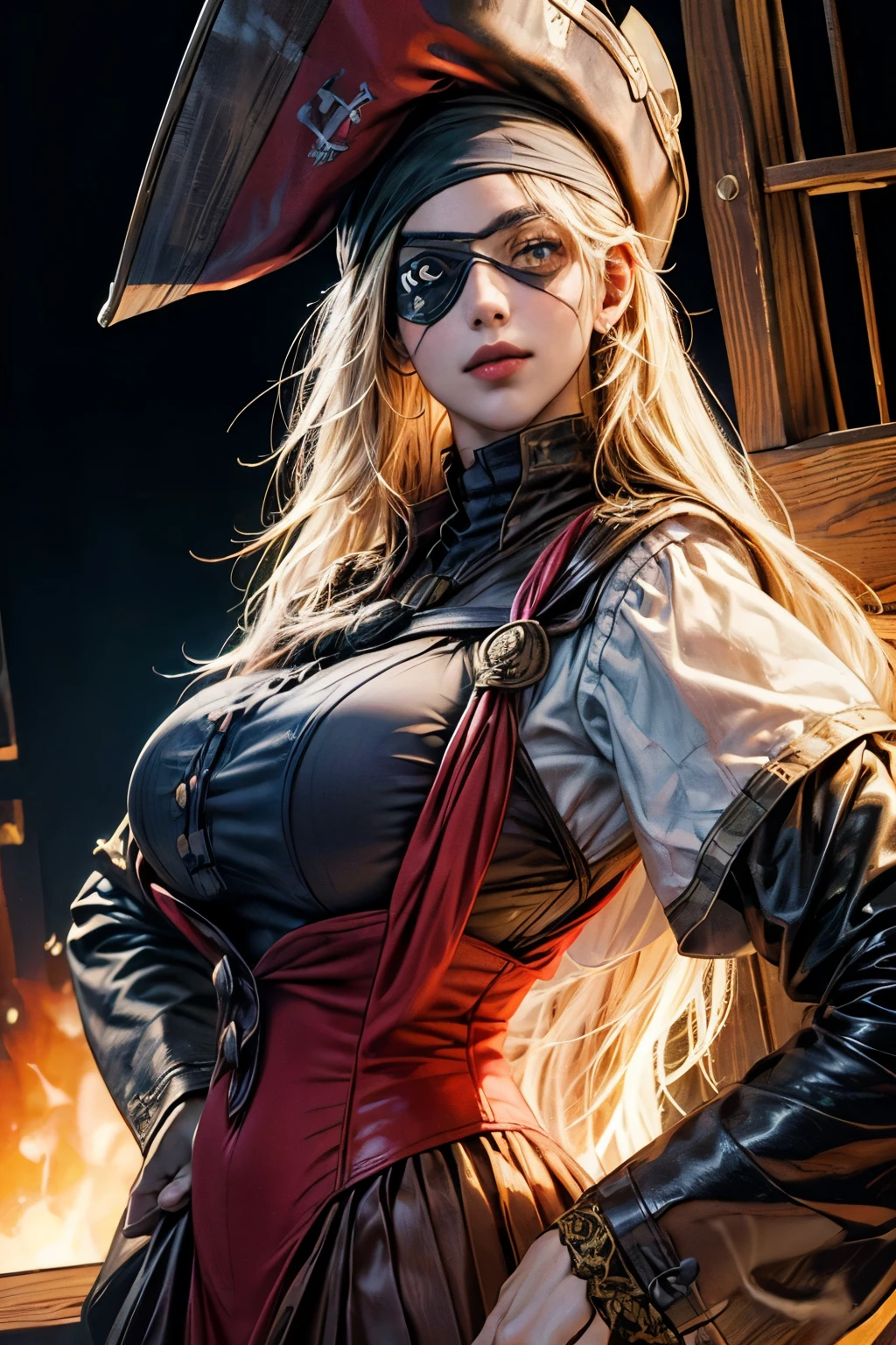 (Ultra-detailed, oil painting style, masterpiece: 1.4), Standing female pirate captain with (eye patch:1.4),
(High resolution: 1.4), (Masterpiece: 1.4), (Vibrant color palette: 1.2), (Photorealistic, dynamic angle: 1.2),
Pirate captain hat, intricately designed, wooden pistol by her side,
(Detailed face, detailed eyes, detailed skin), pirate scar under the eye, smiling with confidence,
(Best quality, 8k), wooden plank background with ropes and nautical symbols,
(Ultra-detailed surroundings, breasts, giga_busty, full clothee, (button gap:-1), long sleeves shirts