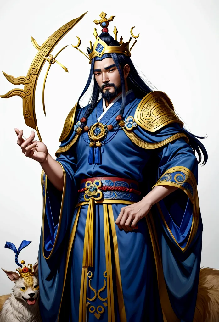 araped man wearing blue robe and crown in field, inspired by hua hua bin, judge(fan kuan)works inspired by, guan yu, 조즈바이works i...