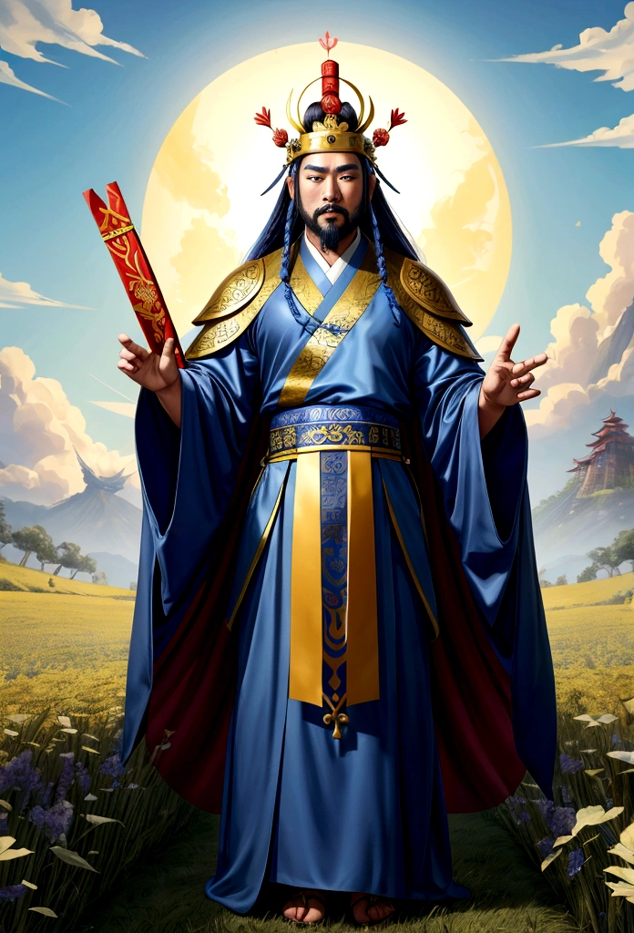 Araped man wearing blue robe and crown in field, Inspired by Hua Hua Bin, judge(Fan Kuan)Works inspired by, Guan Yu, 조즈바이Works inspired by, 리칸inspired by, 동위안inspired by, Zhaoyun, Inspired by Guo Xi, yellow heart(Huang Shen)inspired by, Inspired by Emperor Xuande, feng shui