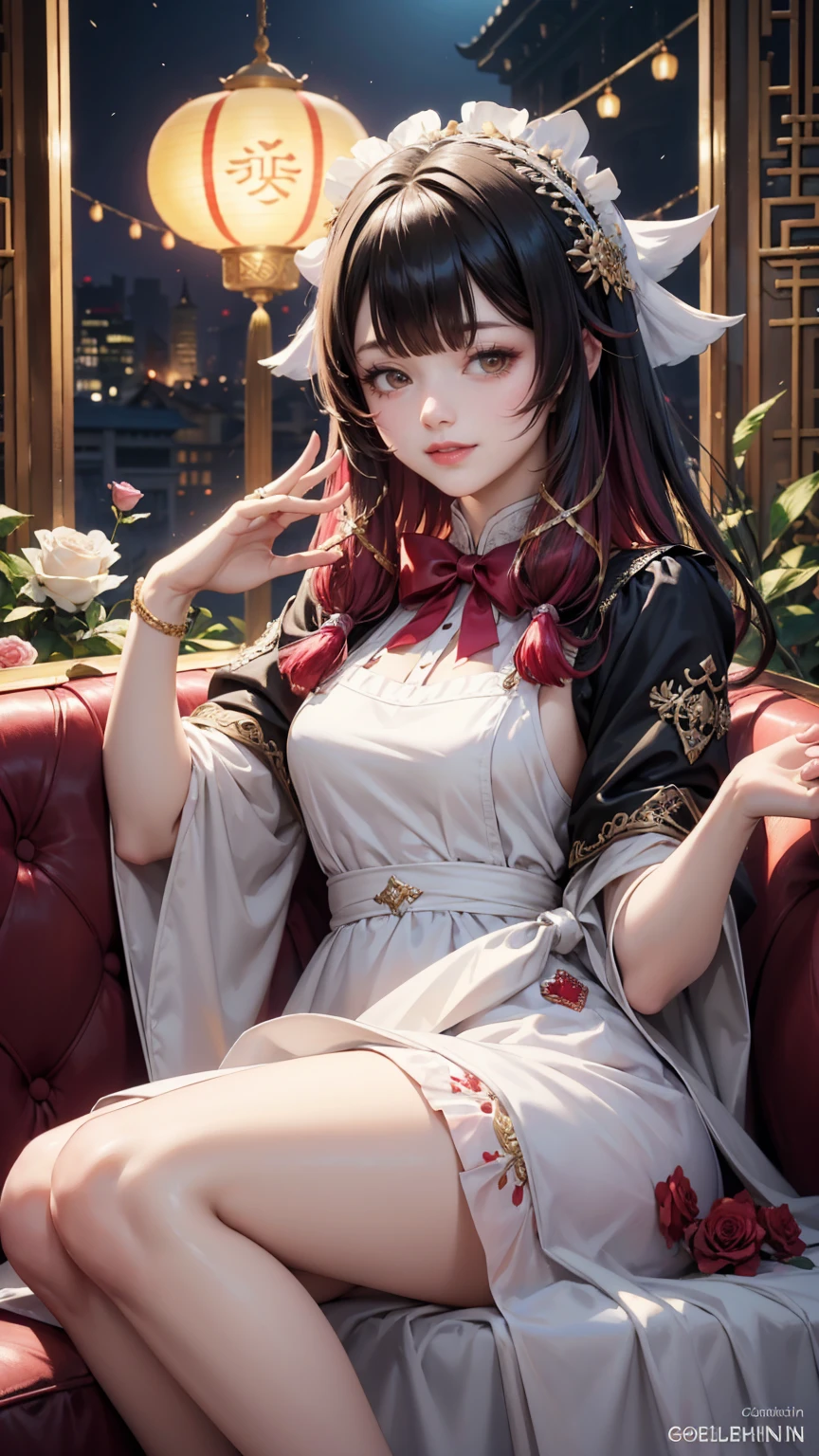 Columbina_(genshin impact), white roses, ornament hair, roses on her hair, maid, maid dress, maid headdress, maid apron, black hair, pink hair, long hair, seat on a sofa, chinese home style, Chinese maid dress, gold lantern, white dress, more details on her clothes, golden details, night, smiling, coat,