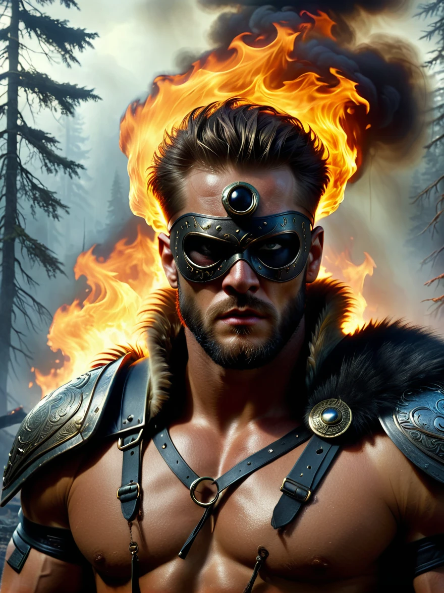 Creatures from Norse mythology，Tall Cyclops，(The huge single eye is covered by a black eye patch:1.4)，powerful，muscular，Wild，(Black eye mask)，Intricate details，forest，Blazing Hell，harsh environment，Fantasy Art，Dark Fantasy，Intense gaze，Savage outfit，Detailed armor，leather，fur，Dramatic lighting，fire，cigarette，，epic，destroy，fear(Best quality，8k，high resolution，masterpiece:1.2)，Ultra Detailed，(1.4 times more realism）