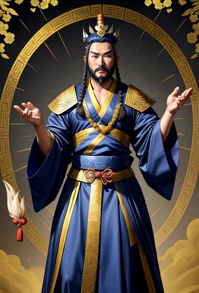 Araped man wearing blue robe and crown in field, Inspired by Hua Hua Bin, judge(Fan Kuan)Works inspired by, Guan Yu, 조즈바이Works inspired by, 리칸inspired by, 동위안inspired by, Zhaoyun, Inspired by Guo Xi, yellow heart(Huang Shen)inspired by, Inspired by Emperor Xuande, feng shui