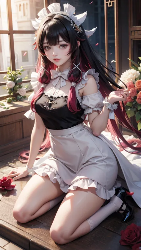 columbina_(genshin impact), white roses, ornament hair, roses on her hair, maid, maid dress, maid headdress, maid apron, black h...