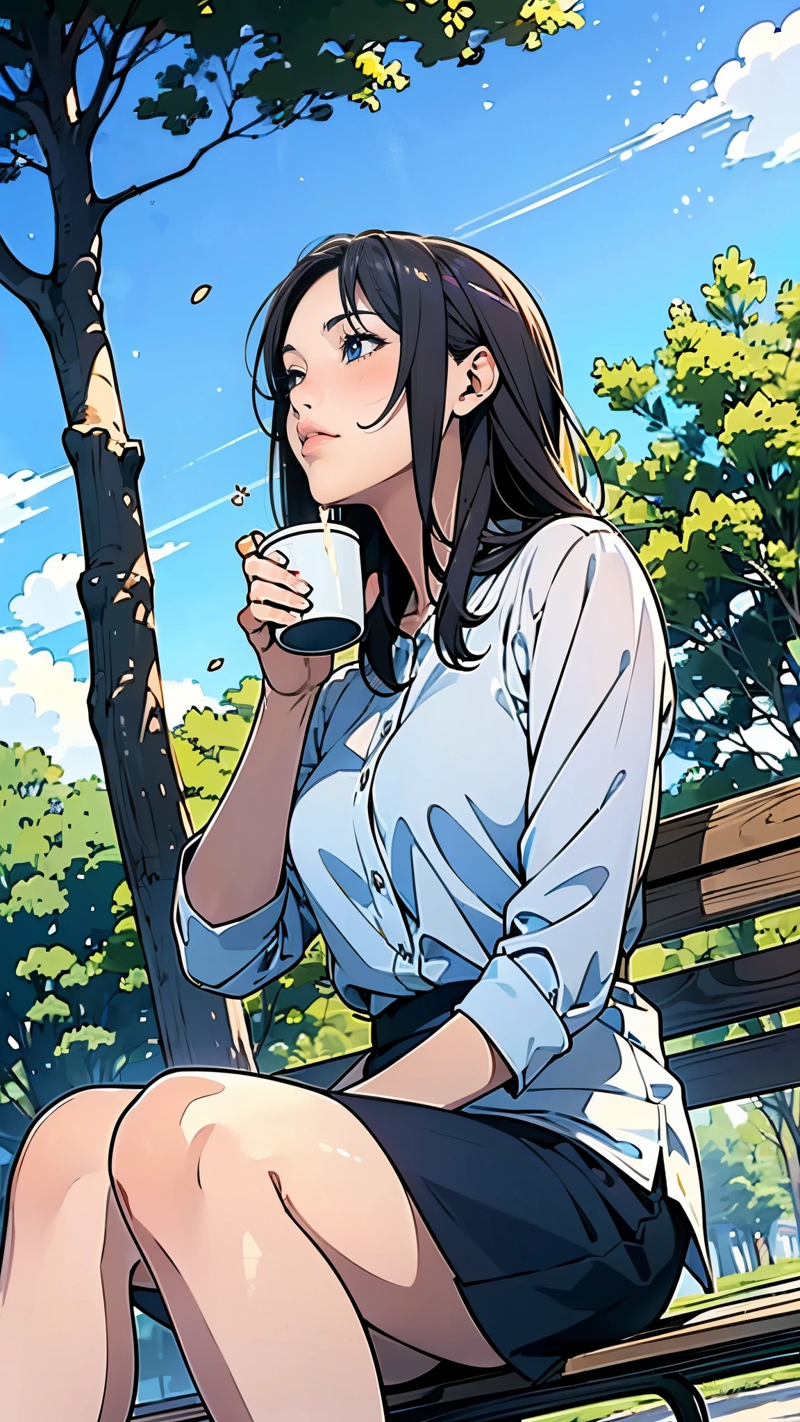 (Coffee shop in the park), (Cozy and comfortable seating), (Wide々Passing through), (Stylish lighting), (empty), (Dappled Lighting), (noon), (Ultra-detailed anime-style scenery wallpaper),A woman is drinking coffee alone