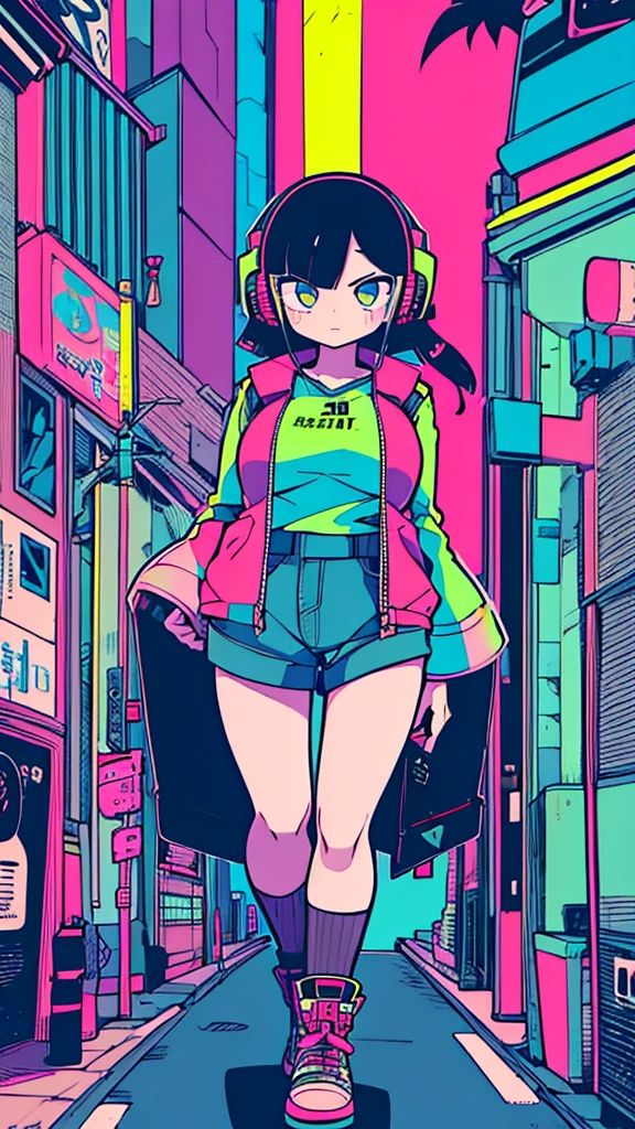 Best quality, (masterpiece:1.2), best detail face,1 girl is walking, big breasts, 18 yo, 8k,absurdres,unity 8k wall paper,(extremely detailed:1.3), highest realistic, (retro headphones:1.1),(psychedelic:1.2),Retro cityscape, 1girl in, retro artstyle, neon art style_Pop, public, outside of house, street signs, loose clothing, 18 yo,Lots of signs with kanji written on them, ((retro city　mood)), dark natural pallet