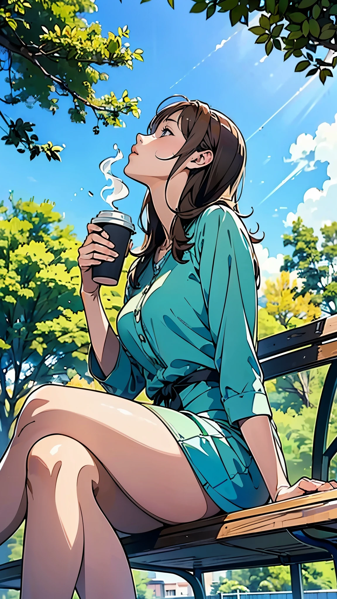 (Coffee shop in the park), (Cozy and comfortable seating), (Wide々Passing through), (Stylish lighting), (empty), (Dappled Lighting), (noon), (Ultra-detailed anime-style scenery wallpaper),A woman is drinking coffee alone