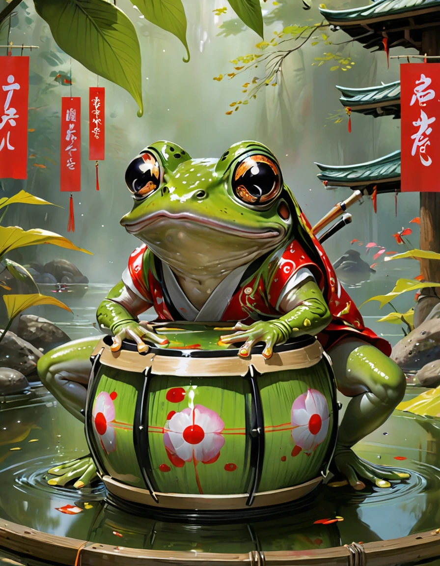 amphibians、Fantasy animal, Different species, Frog Base, Big eyes, Very sticky、Japanese Festivals、Japanese drum、green