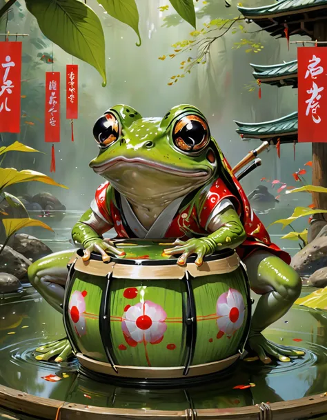 amphibians、fantasy animal, different species, frog base, big eyes, very sticky、japanese festivals、japanese drum、green