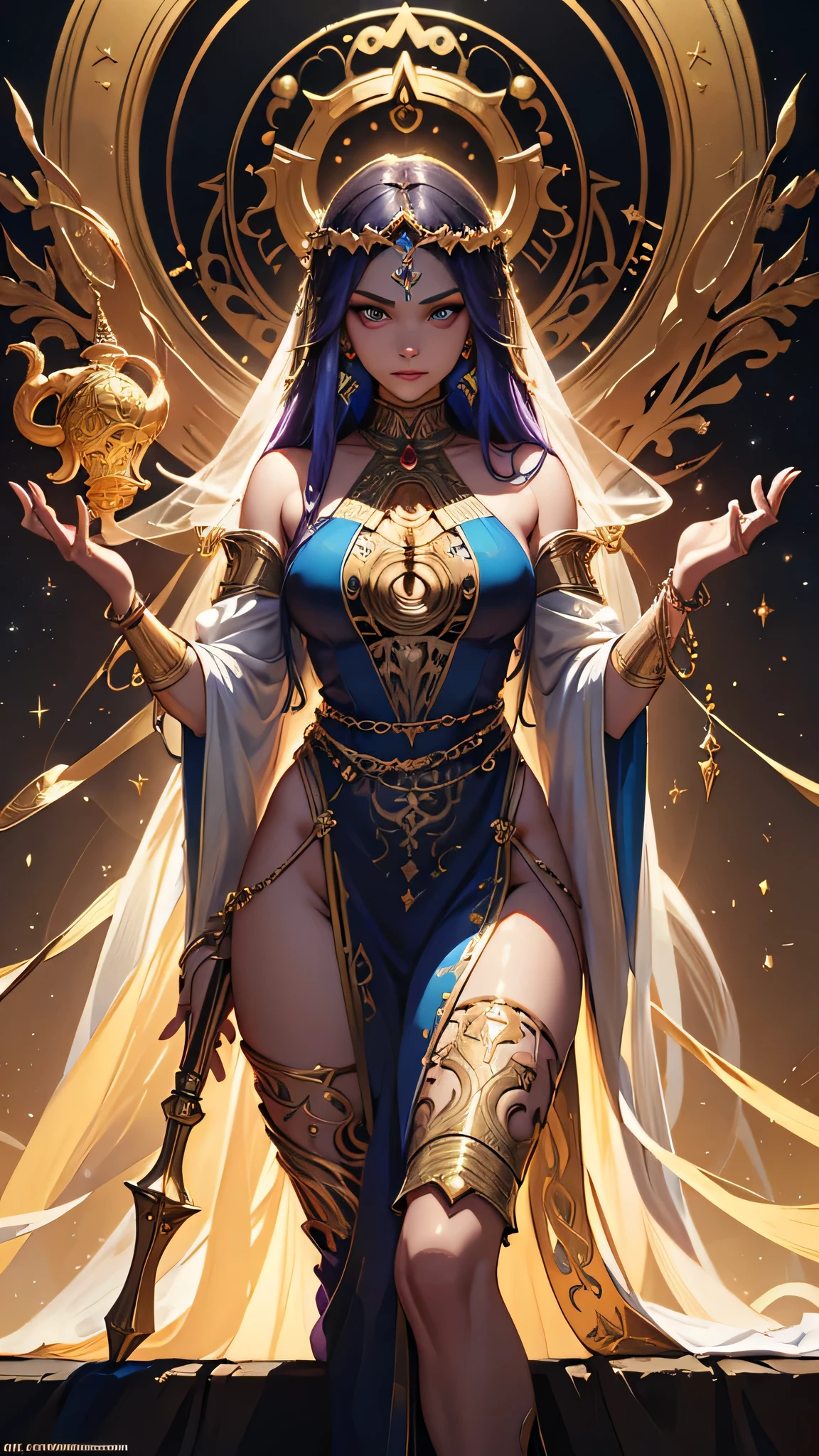 (The Goddess of Sand, beautifully decorated like in the movie, Golden Dress, Shiny gold tattoo), (Galactic Shaman with Quantum Energy Fantasy), Fantasy magic, Long Hair, Dark light night, complicated, Mysterious, Sharp focus, figure, Very detailed, Digital Painting, Concept art, mat, (art：WLOP), (Justin Gerard and Jason Edmiston: 1.5), (By Gregg Rutkowski: 0.4), (Alphonse Mucha: 0.4), masterpiece