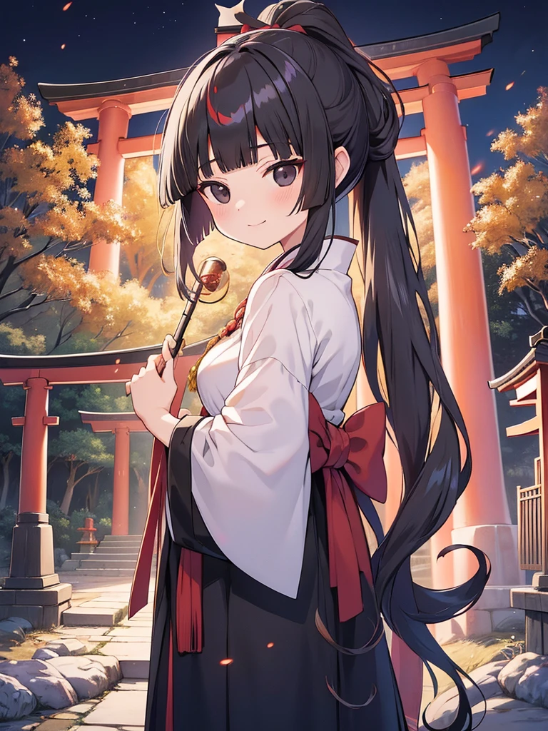 masutepiece, ultra-detailliert, best quality, at night, little smile, a lot of fireflies, Shrine maiden, shrine, Deep forest, Stone torii gate, Black Hair, long hair, (Blunt Bangs:1.6), Hair tied in a ponytail, black eyes, Juozhen, White Fox,