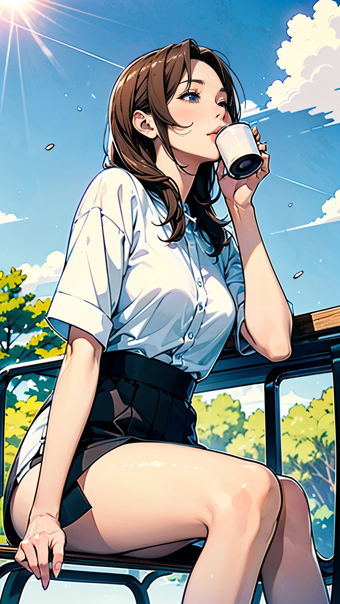 (Coffee shop in the park), (Cozy and comfortable seating), (Wide々Passing through), (Stylish lighting), (empty), (Dappled Lighting), (noon), (Ultra-detailed anime-style scenery wallpaper),A woman is drinking coffee alone