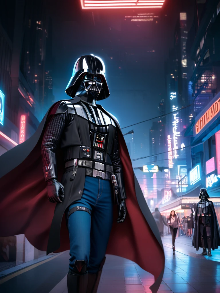 1 menino,Darth Vader ,Sozinho, estilo ciberpunk, (neon:1.2),Obra de arte, intricado, altamente detalhado, majestoso, digital fotography, hdr, fundo cyberpunk detalhado,bold eclectic styles, elementos punk , holographic prints, metallic details, Homem de preto_roupa,capuz, capuz_acima, Darth Vader helmet,(cape:1.2),armaduras, shoulder armaduras, (jeans:1.2), Guerra das Estrelas, (night time),cidade futurista,city street with neon signs and buildings on both sides of it at night time, segurando o sabre de luz vermelha, broken arm, ,(foto, studio lighting, luz dura, Sony a7, 50mm, pele fosca, poros, cores, hiperdetalhado, hiperrealista),