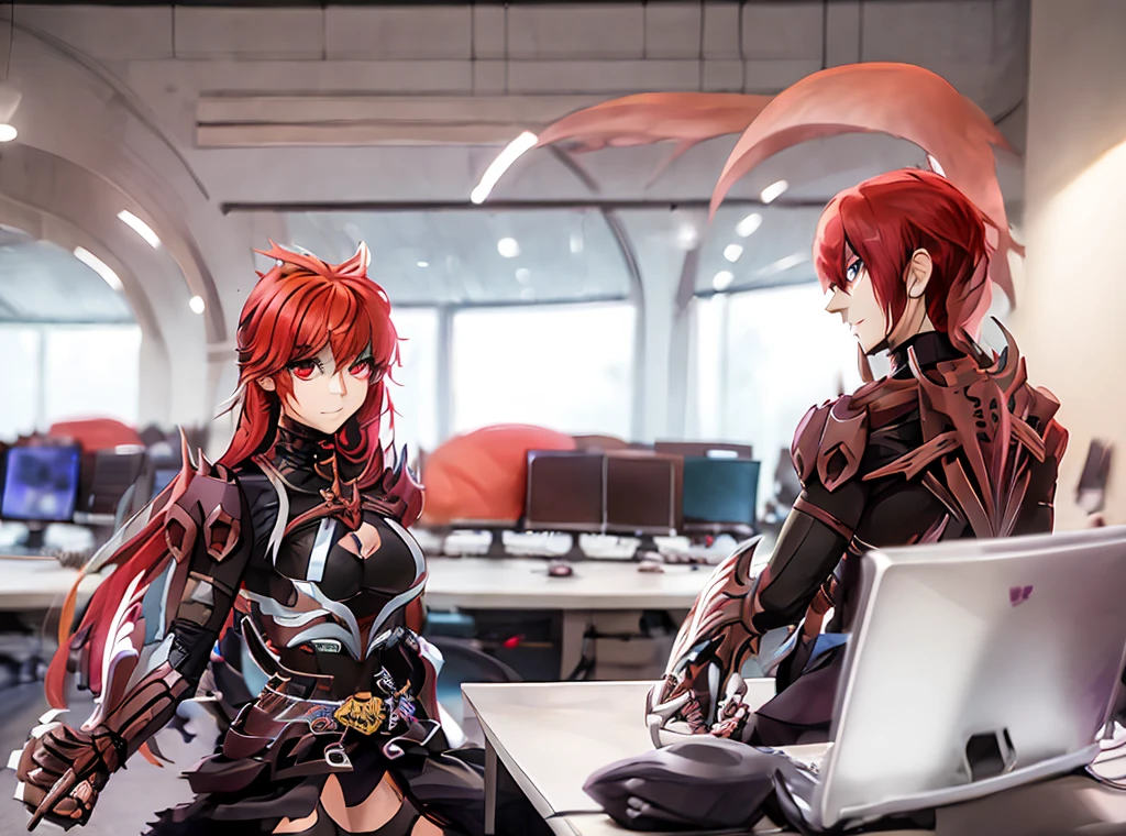 score_9, score_8_up, score_7_up, score_6_up, score_5_up, score_4_up, source_anime, tomboy girl, long hair, Bust Cup B , open-chest outfit, Guillotine Cross Set, breastplate, waist armor, Armor, red hair, Metal head jewelry, red eyes, Sparkling eyes, sit, Mobile gaming mouse, office backdrop, office desk, office chair, Sharp picture, Magical light, Bright atmosphere, beautiful backdrop, simple