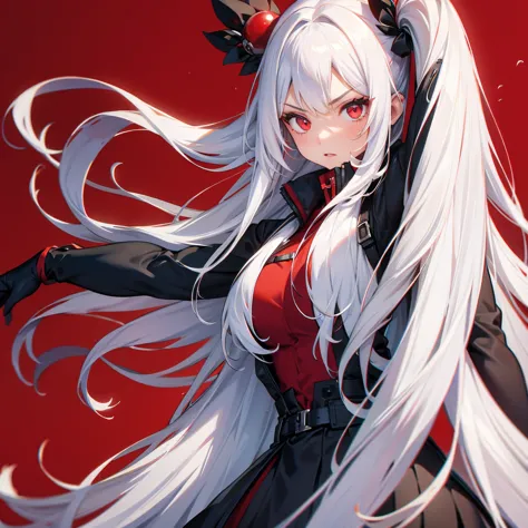 1girl、Dynamic composition、((Perspective Lens, A woman with long white hair and red inner color,  Dynamic poses with serious and ...