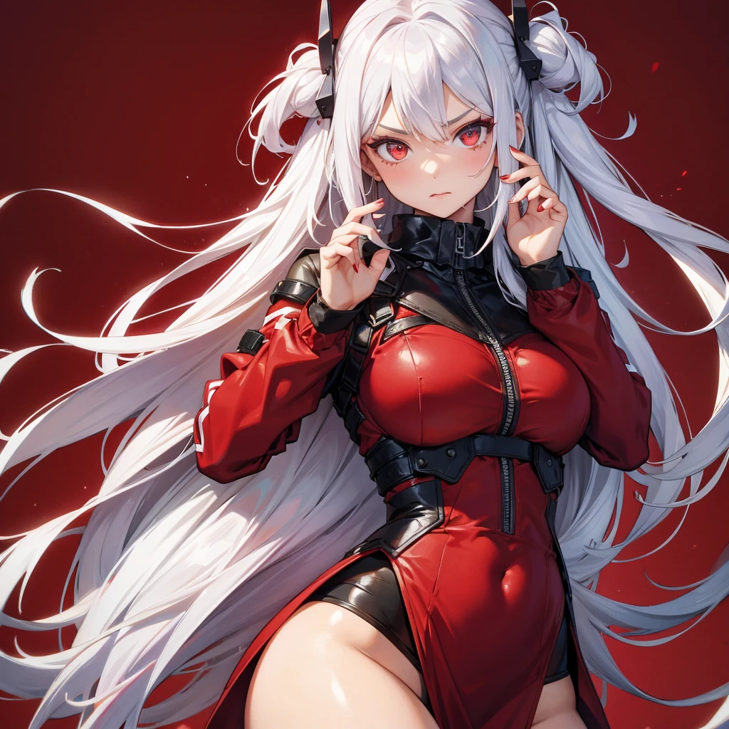 1girl、Dynamic composition、((Perspective Lens, A woman with long white hair and red inner color,  Dynamic poses with serious and mean expressions, Holding a large Barrett MB2A1 with both hands：1.5)) ((Pure Red Background:1.2)),Anime Style、detailedな目、Looks like she&#39;s in her early 20s,Shooting in mid-motion,With her long braided hair fluttering. Her outfit is reminiscent of a butterfly,Black, red and gold colour palette,Be playful.neon_outlines,Super huge、detailed、gun、((Looking into the sight of the viewer：1.5)),