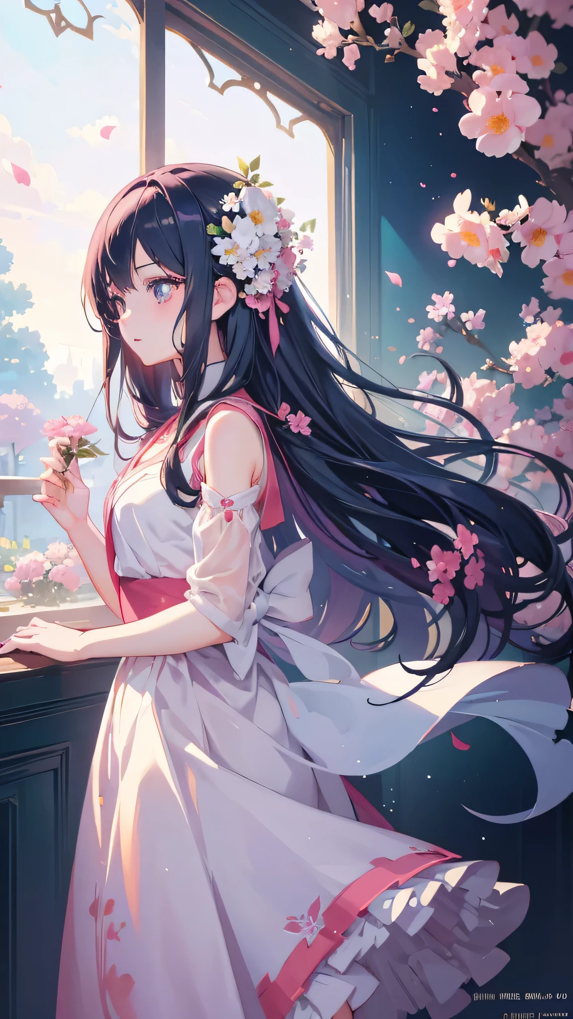 Chica estilo anime con pelo largo y flores., Lindo anime waifu con un bonito vestido., Hermosas chicas anime, Arte digital lindo y detallado., hermosos retratos de anime, guweiz en pixiv artstation, Obra de arte estilo Gweiz, guweiz en artstation pixiv, arte de anime digital detallado, estilo anime 4k