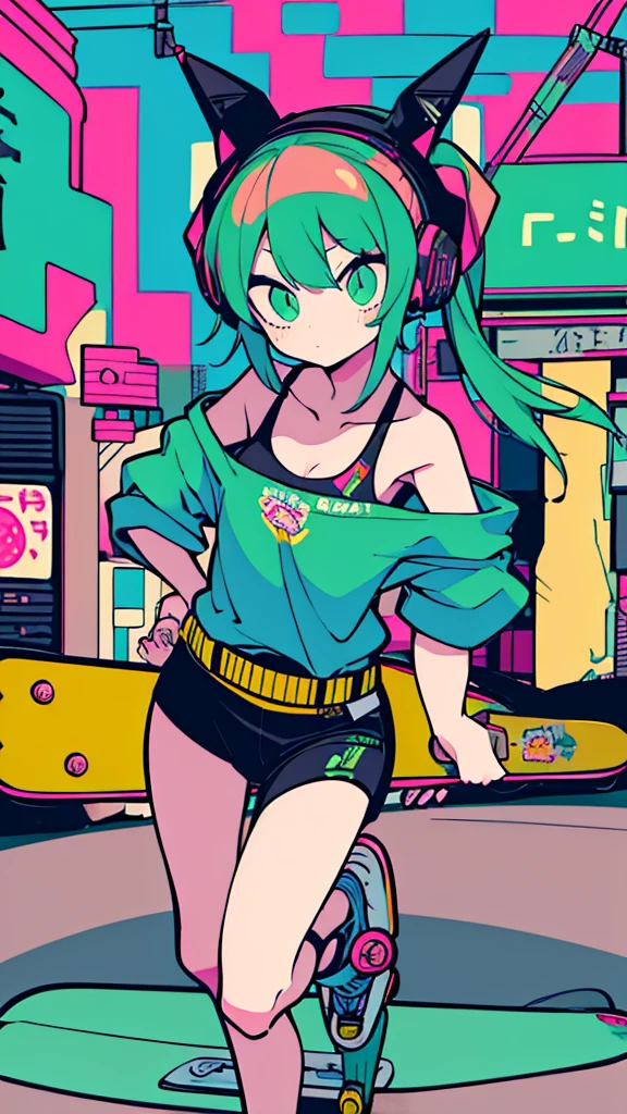 Best quality, (masterpiece:1.2), best detail face,1 girl is walking, small breasts, 18 yo, 8k,absurdres,unity 8k wall paper,(extremely detailed:1.3), highest realistic, (retro headphones:1.1),(psychedelic:1.2),Retro cityscape, 1girl in, retro artstyle, neon art style_Pop, public, outside of house, street signs, loose clothing, 18 yo,Lots of signs with kanji written on them, ((retro city　mood)), dark green pallet, (((Playng Skate board)))