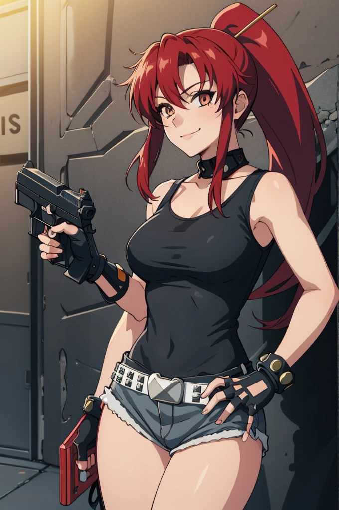 1girl, cute, sexy, red hair, cowboy shot, solo, revy, evil smile, holding gun, handgun, pistol, ponytail, tank top, fingerless gloves, denim shorts, holster, belt, newest