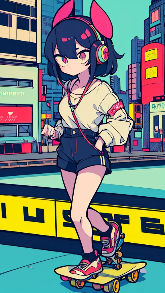 Best quality, (masterpiece:1.2), best detail face,1 girl is walking, good breasts, 18 yo, 8k,absurdres,unity 8k wall paper,(extremely detailed:1.3), highest realistic, (retro headphones:1.1),(psychedelic:1.2),Retro cityscape, 1girl in, retro artstyle, neon art style_Pop, public, outside of house, street signs, loose clothing, 18 yo,Lots of signs with kanji written on them, ((retro city　mood)), dark natural pallet, (((Playng Skate board)))