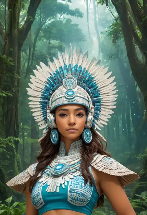 a youthful latina woman, standing in the forest, with mayan temples behind her. she is dressed in ancestral fashion with a futur...