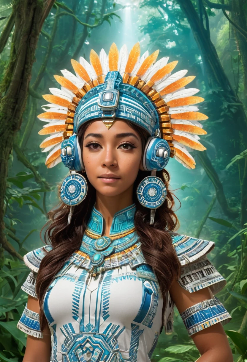 Uma jovem latina, parado na floresta, com templos maias atrás dela. Ela está vestida com moda ancestral com estilo moderno futurista. Seu cocar é como uma antiga escultura asteca, mas com tecnologia avançada, cocar de fones de ouvido, cocar asteca-maia, e luzes LED. O ano é 2222. Ela se passa em um mundo retro-futurista, cercado por brilhos místicos que lembram vaga-lumes azul-esbranquiçados piscando. A fusão de mistério e ancestralidade com tecnologia avançada cria uma atmosfera única. Templos de Myan à distância. Ela está usando uma mochila e é mostrada da cintura para cima, saindo em uma missão para aprender sobre a sabedoria antiga e as novas tecnologias."
