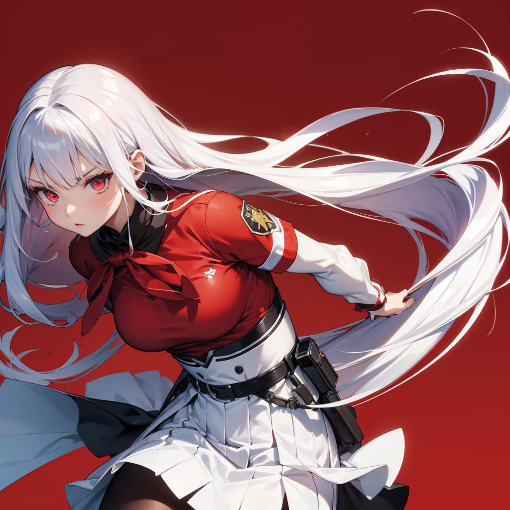 1girl、Dynamic composition、((Perspective Lens, A woman with long white hair and red inner color,  Dynamic poses with serious and mean expressions, Holding a large Barrett MB2A1 with both hands：1.5)) ,((視聴者に向かってgunのsightを覗いている：1.5)),((Pure Red Background:1.2)),Anime Style、detailedな目、Looks like she&#39;s in her early 20s,Shooting in mid-motion,With her long braided hair fluttering. Her outfit is reminiscent of a butterfly,Black, red and gold colour palette,Be playful.neon_outlines,Super huge、detailed、gun、whole body、