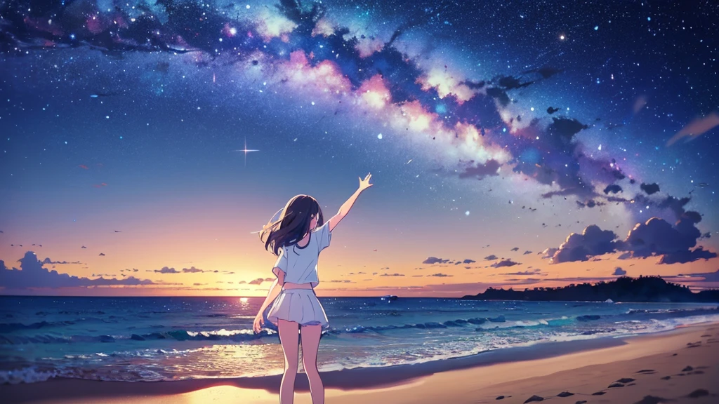 Una linda camisa blanca que la deja ver. 、Falda de vuelo celeste con volantes、Se levanta la falda con ambas manos para lucir su linda ropa interior blanca.、Linda ropa interior blanca visible cuando se levanta la falda.、Playa de arena, Mar hermoso, noche y cielo estrellado