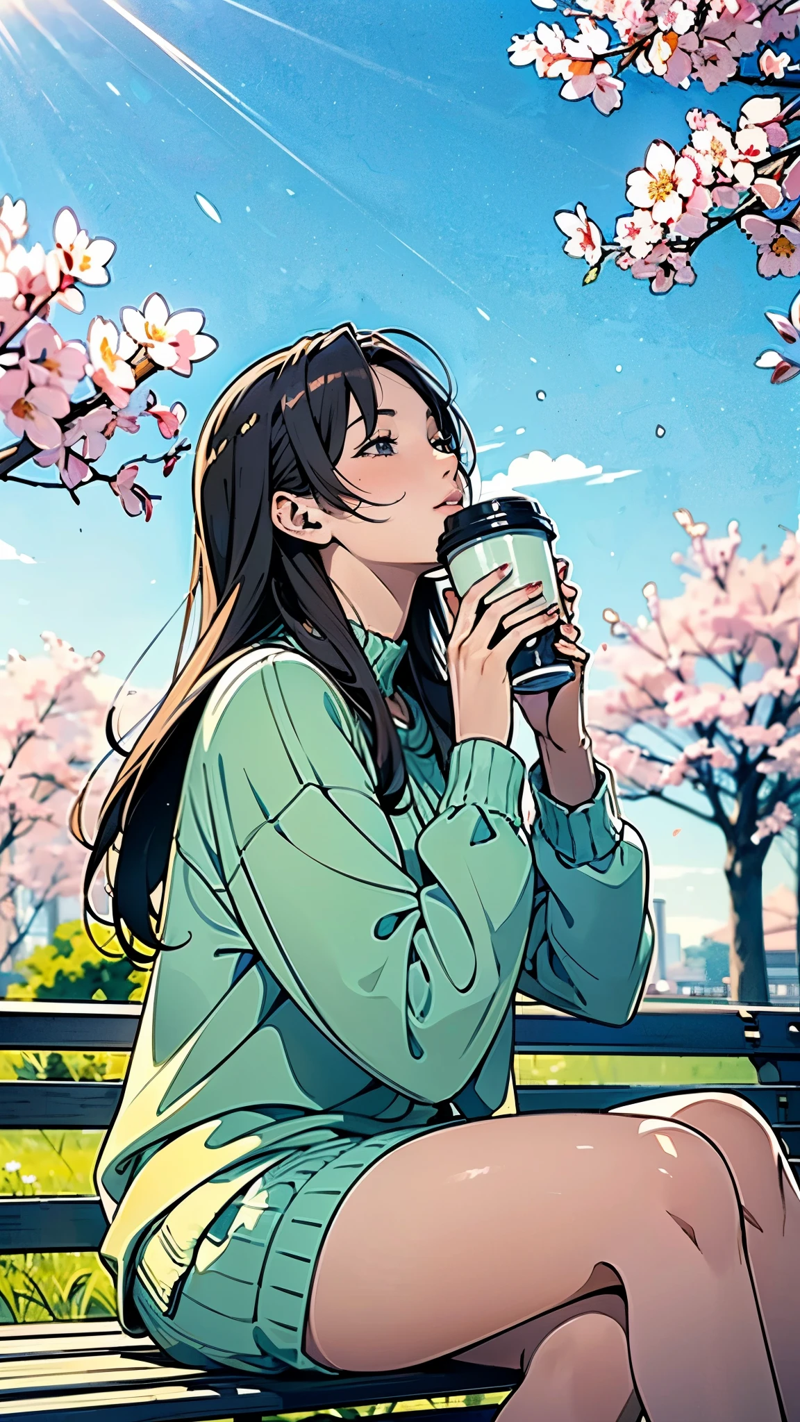 (Coffee shop in the park), (Cozy and comfortable seating), (Wide々Passing through), (Stylish lighting), (empty), (Dappled Lighting), (noon), (Ultra-detailed anime-style scenery wallpaper),A woman is drinking coffee alone