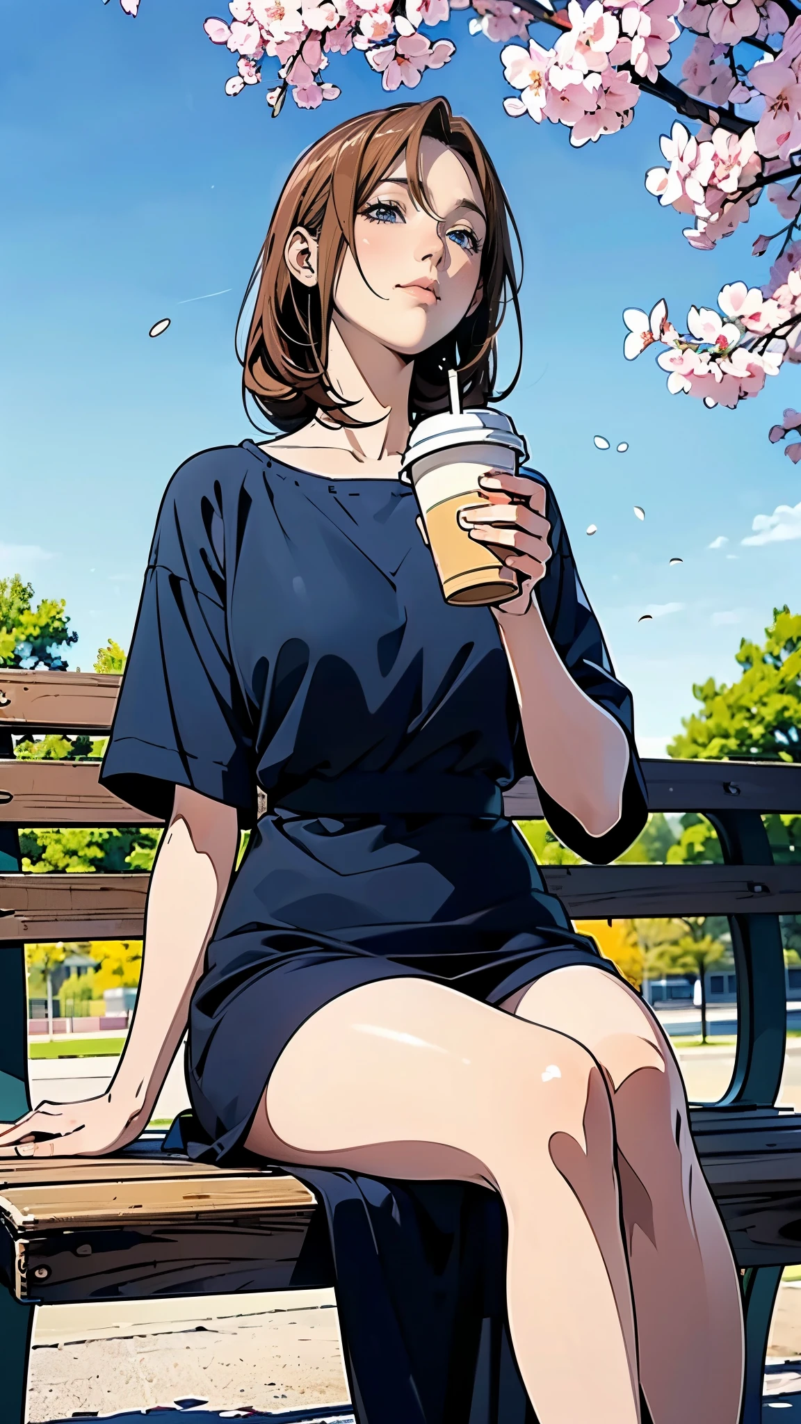 (Coffee shop in the park), (Cozy and comfortable seating), (Wide々Passing through), (Stylish lighting), (empty), (Dappled Lighting), (noon), (Ultra-detailed anime-style scenery wallpaper),A woman is drinking coffee alone