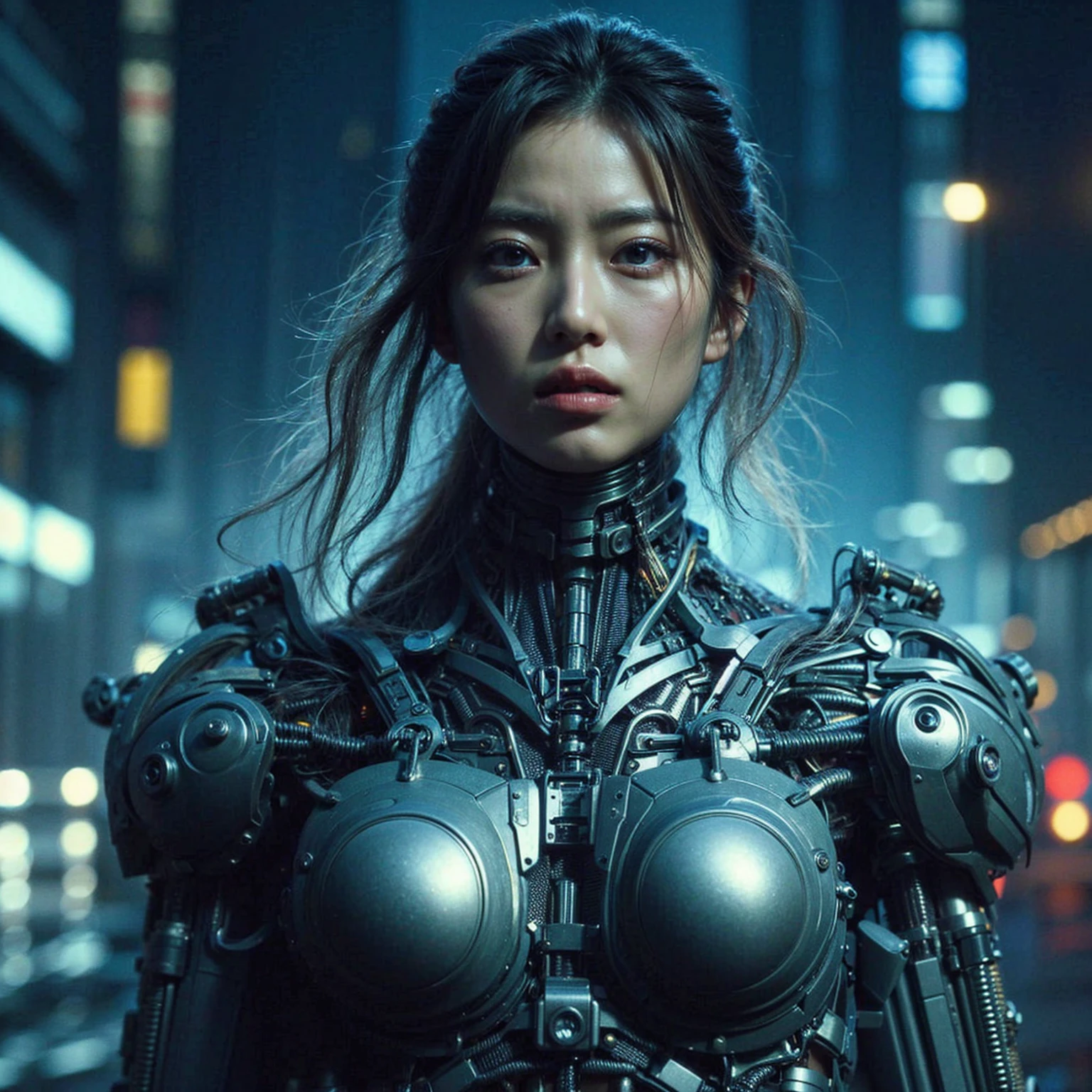 Dystopian night scene, very intricate details, Japanese woman wearing model-like armor, beautiful face, legs, cylinders that look like muscles, pose in motion, 8k, ultra high resolution, super realism, realistic photo, taken with Fuji film X-T30.+Nokton. HDR10