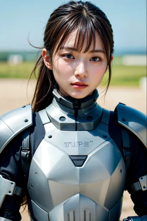 Dystopian night scene, very intricate details, Japanese woman wearing model-like armor, beautiful face, legs, cylinders that loo...