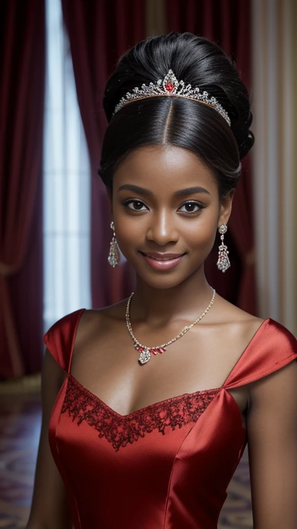 Front view , 1 female is Netherland princess, Black beautiful girl ,Age: 20 age-old, Black hair, chignon, detailed brown eye,little smile, ((Red gorgeous silk princess long dress)),Red lace opera glove, princess tiara, earring, peal neckless, HI heals , stand on floor, in gorgeous palace, UHD, accurate, anatomically correct, textured skin, super detail, high details, high quality, best quality, 4K,