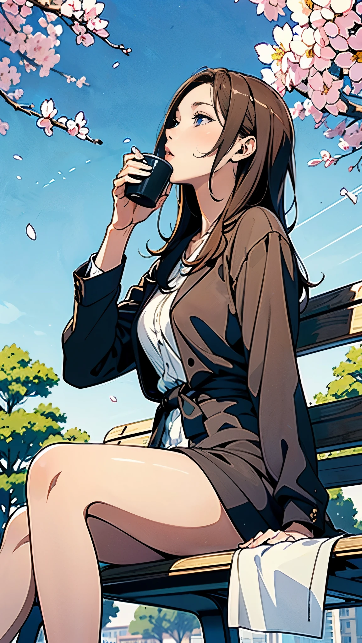 (Coffee shop in the park), (Cozy and comfortable seating), (Wide々Passing through), (Stylish lighting), (empty), (Dappled Lighting), (noon), (Ultra-detailed anime-style scenery wallpaper),A woman is drinking coffee alone