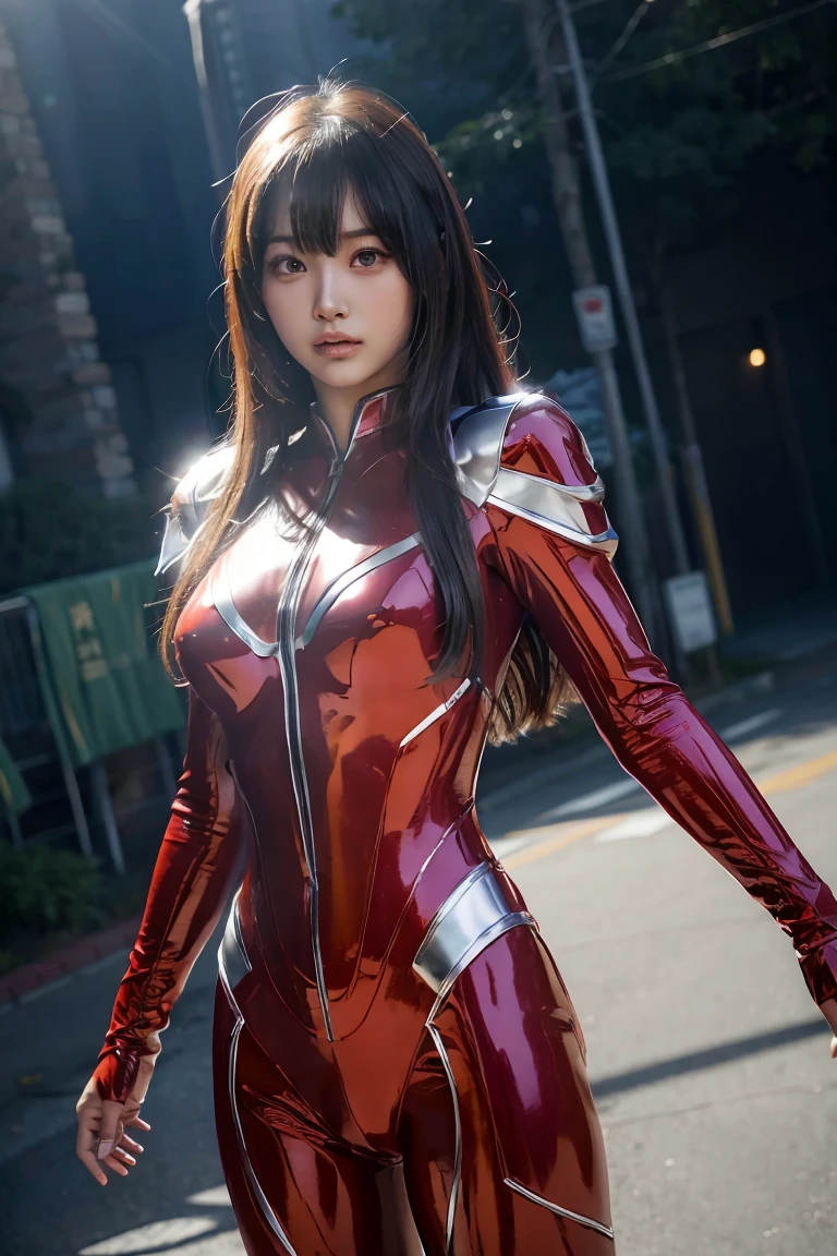 Ultraman、realistisch、realistisch、filmische Beleuchtung, Mädchen in einem glänzenden rot-silbernen Anzug、15 Jahre alt、professionelle Fotos、Don&#39;Setzen Sie Ihre Haut nicht dem direkten Sonnenlicht aus., japanisches Modell, japanische cgi、Ultraman-Anzug、, Power Rangers Anzug、enger und dünner Cyber-Anzug,Der ganze Körper ist gummiartig、Dort&#39;s pink Dort、 zarter Körper, große Brüste、kleiner Arsch、Dünne Oberschenkel、Dünne Arme、dünne Taille、Kamelzehe、Beide Seiten des Cyber-Anzugs haften auf der Haut、große Augen、schwarze kurze Haare、nach vorne gerichtet、nach vorne gerichtet立っている、In der Brust ist eine leuchtende Kugel eingelassen.、Aufsatzprüfung、 blauer himmel hintergrund