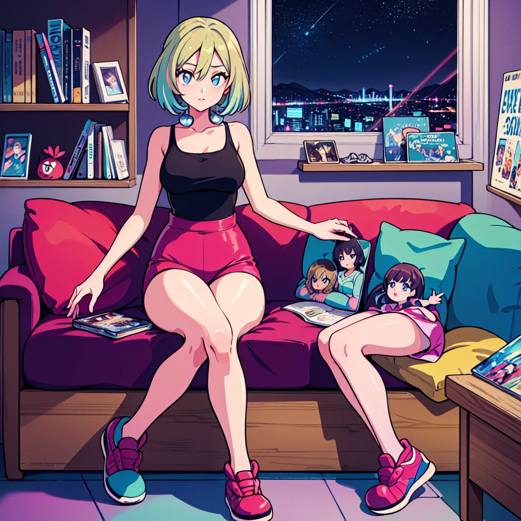 (masterpiece), Highest quality, Expressive eyes, Neon pastel aesthetics, Retro 90s, Neon color,((Girl sitting on sofa,In a cozy room,Records hanging on her wall, Comic books on the floor, Looking out the window behind her at the night city, Upholstered room, Anime figures lined up on a shelf)), Wearing headphones, (All around her it sparkles), (wearing thick colorful sneakers), (blue eyes), (Soft look), (Synthwave Art Style), Colorful Hair, Desk with PC set up