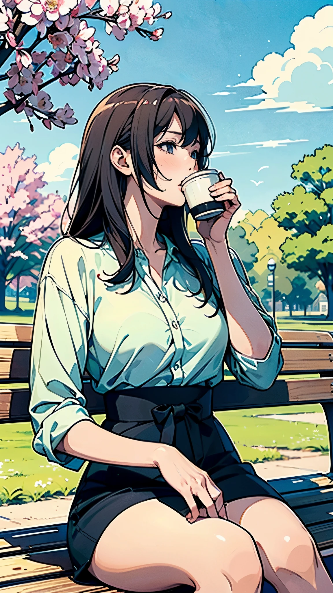 (Coffee shop in the park), (Cozy and comfortable seating), (Wide々Passing through), (Stylish lighting), (empty), (Dappled Lighting), (noon), (Ultra-detailed anime-style scenery wallpaper),A woman is drinking coffee alone