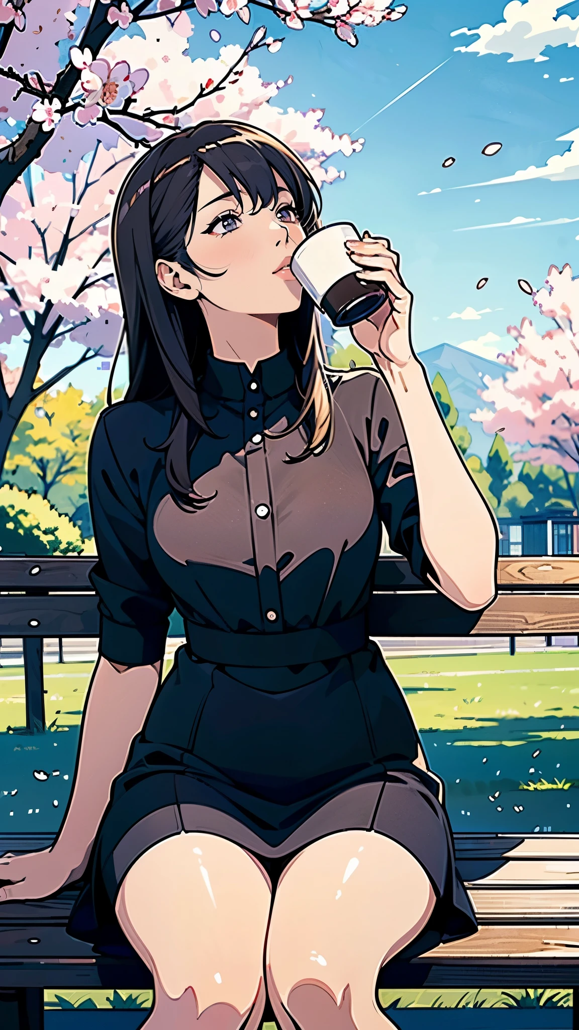 (Coffee shop in the park), (Cozy and comfortable seating), (Wide々Passing through), (Stylish lighting), (empty), (Dappled Lighting), (noon), (Ultra-detailed anime-style scenery wallpaper),A woman is drinking coffee alone