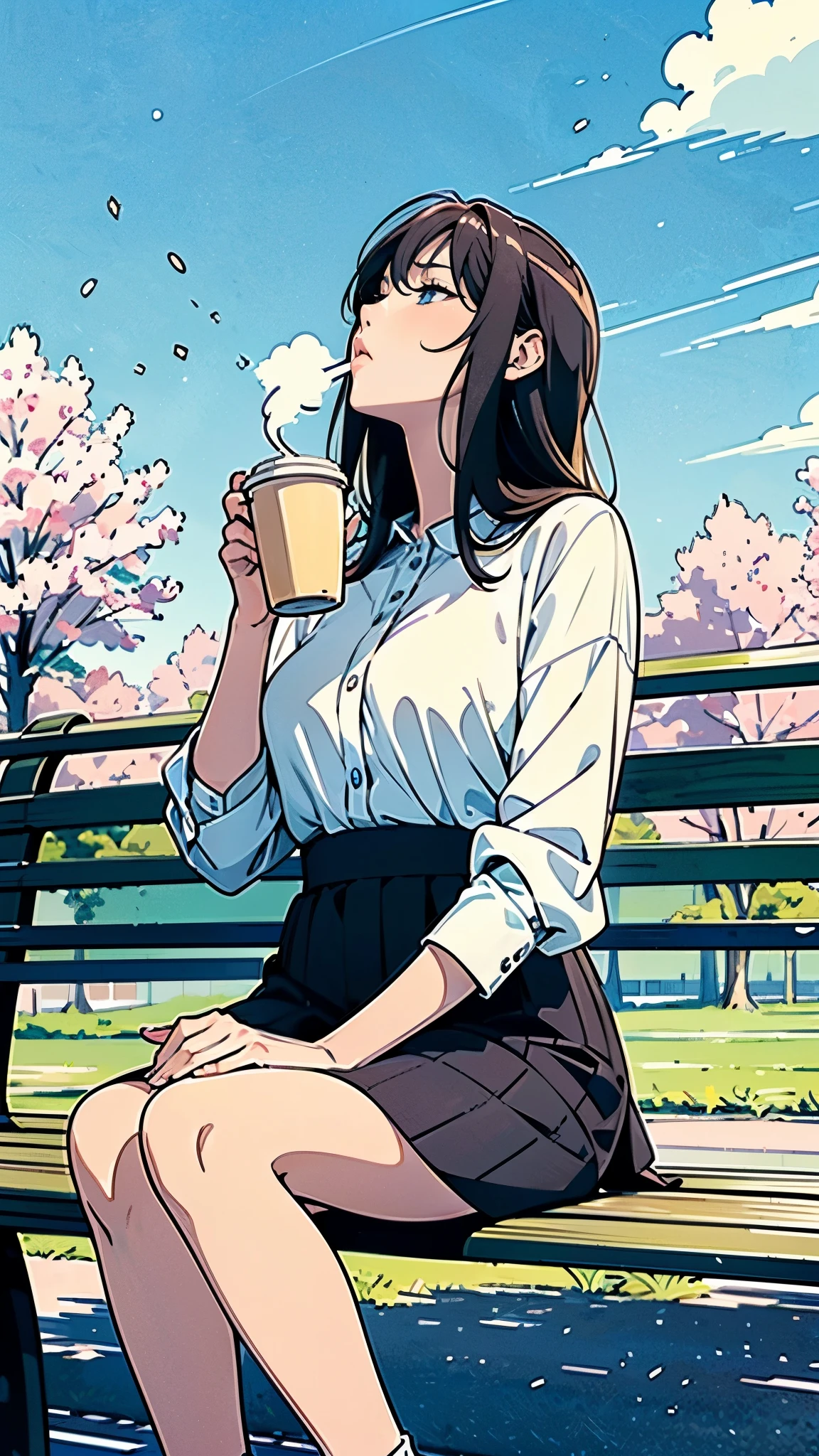 (Coffee shop in the park), (Cozy and comfortable seating), (Wide々Passing through), (Stylish lighting), (empty), (Dappled Lighting), (noon), (Ultra-detailed anime-style scenery wallpaper),A woman is drinking coffee alone