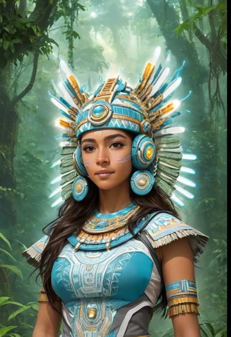 a youthful latina woman, standing in the forest, with mayan temples behind her. she is dressed in ancestral fashion with a futur...